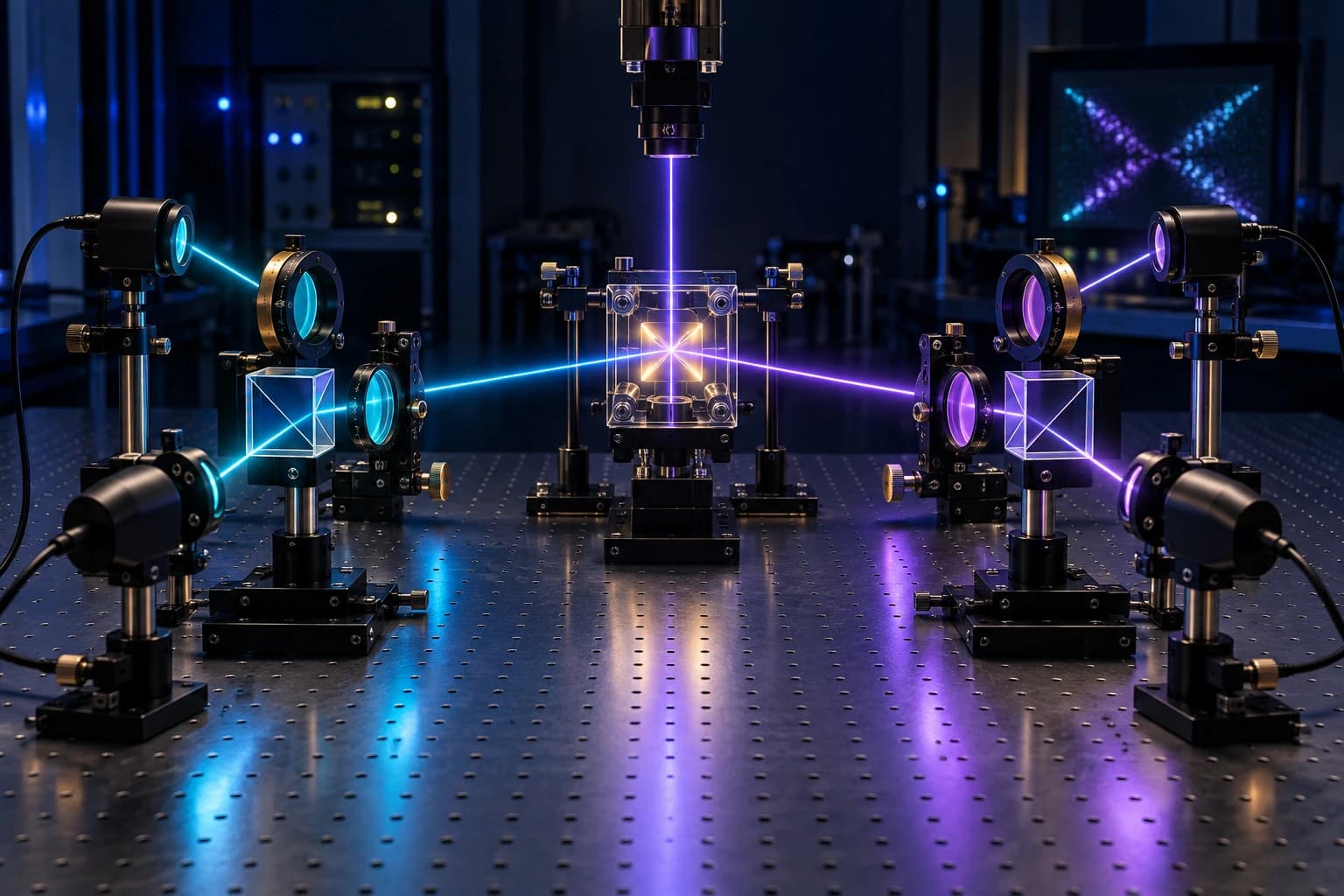AI-generated illustration of an optical laboratory with lasers, mirrors, and photon detectors.