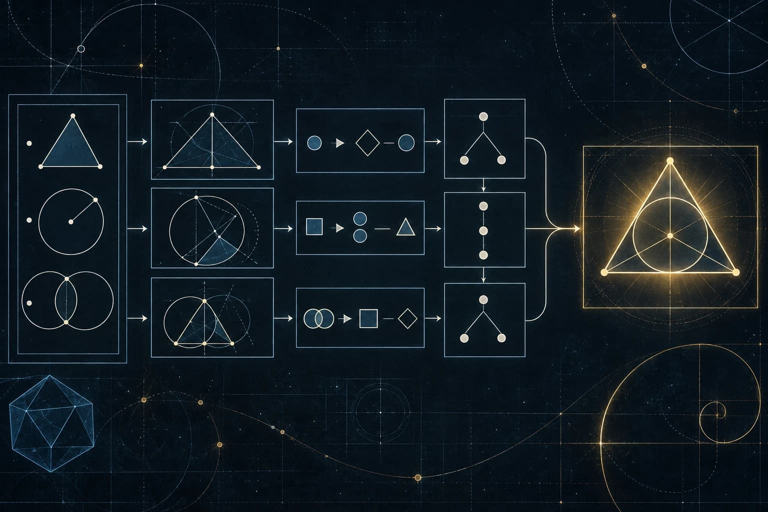 AI-generated illustration of geometric diagrams and connected logical steps on a dark board.