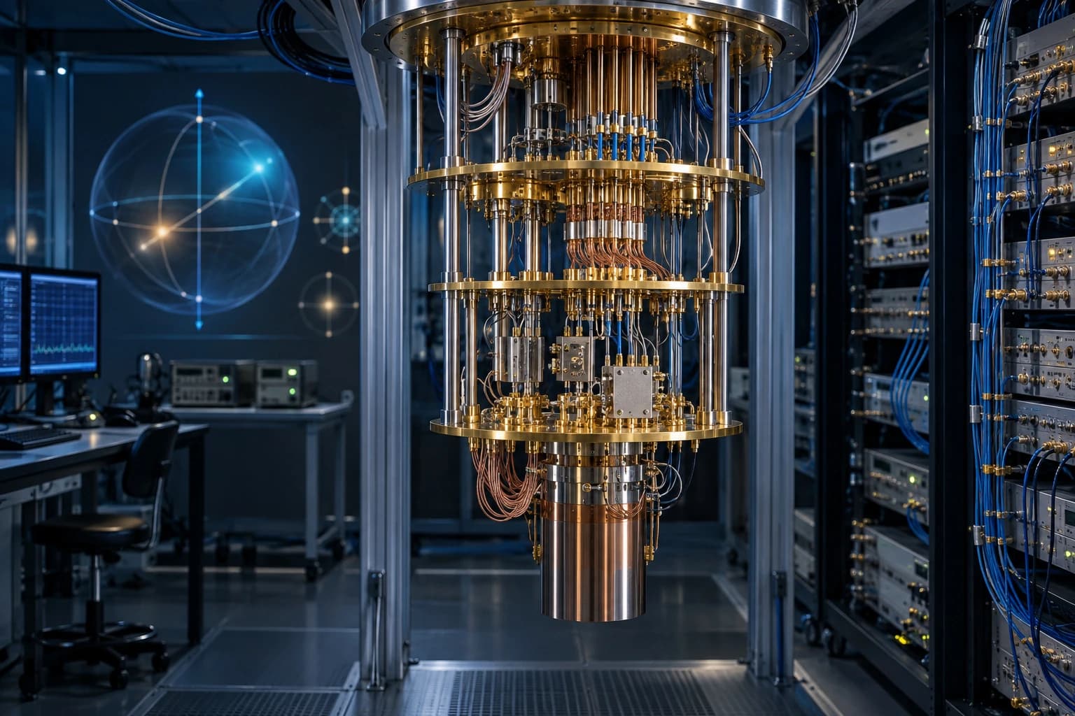 AI-generated illustration of a gold-colored dilution refrigerator in a quantum computing laboratory.