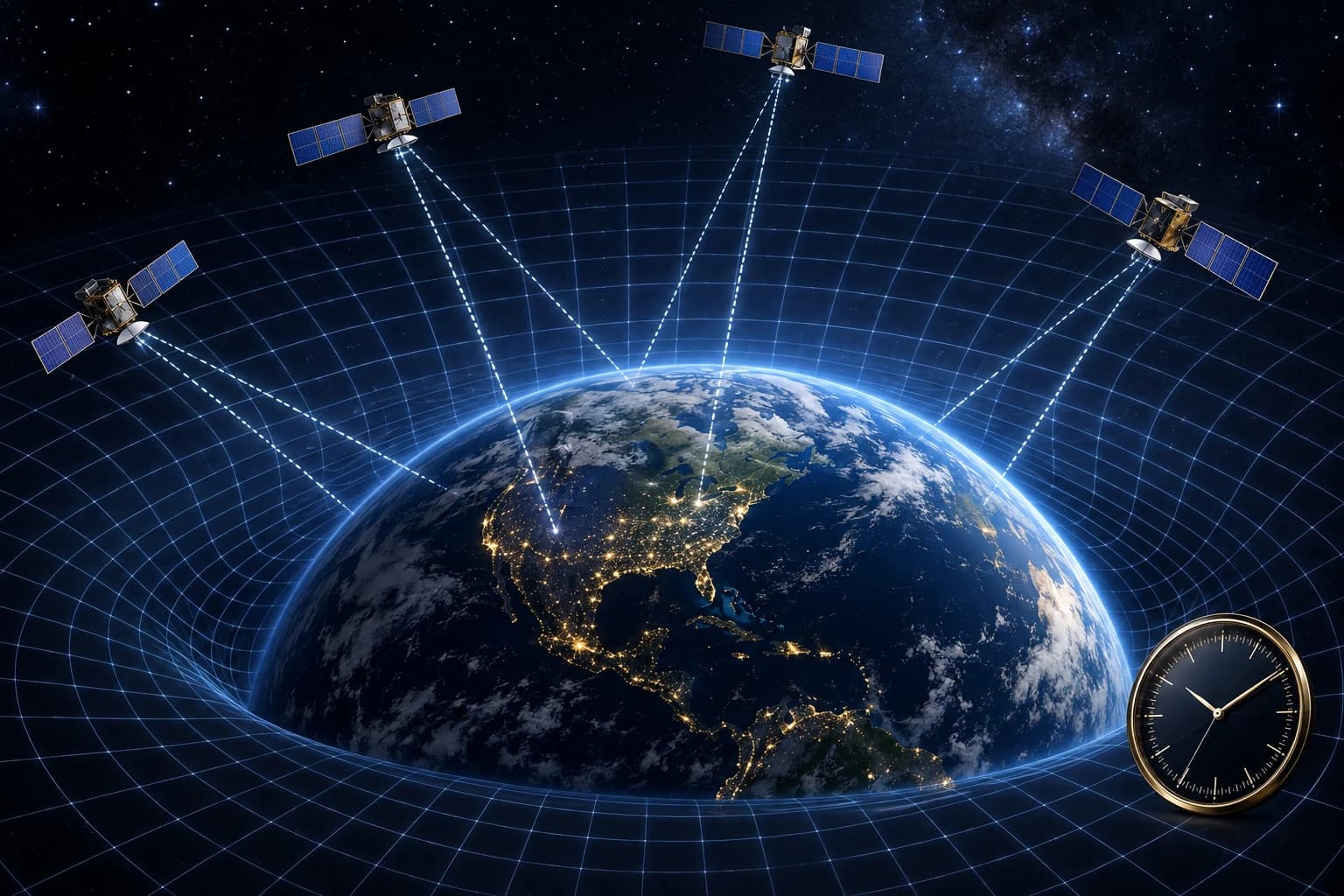 AI-generated illustration of navigation satellites orbiting Earth with signals connecting to its surface.