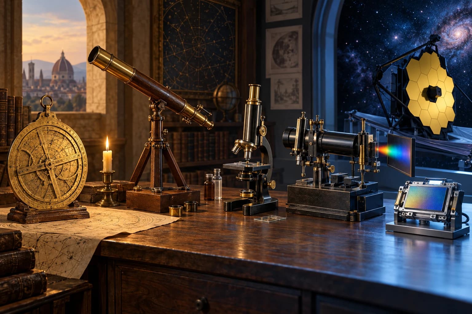 AI-generated illustration of scientific instruments, including a telescope and microscope, on a laboratory bench.