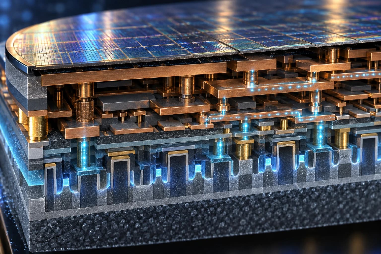 AI-generated conceptual illustration of layered semiconductor structures and electronic connections.