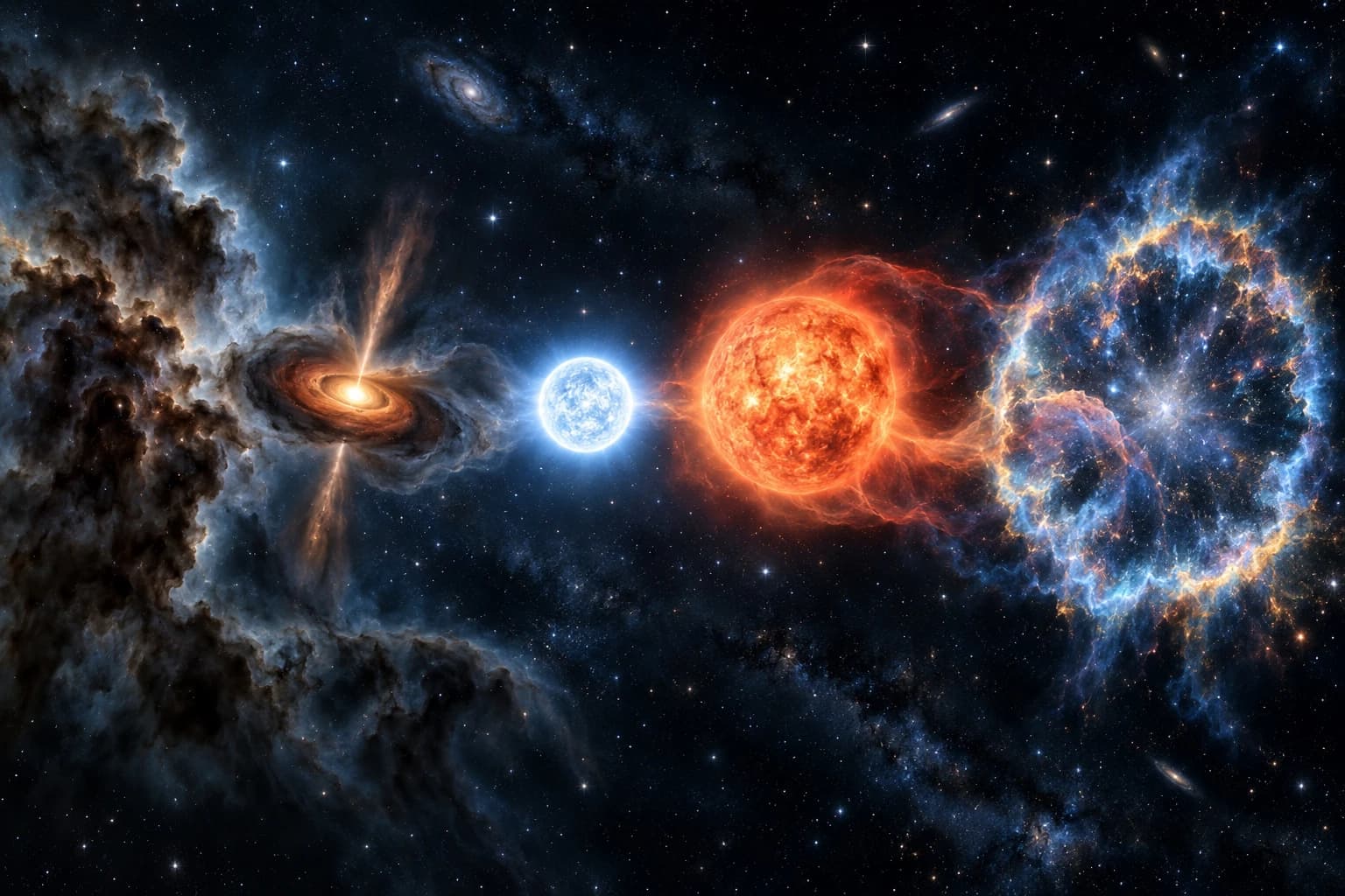 AI-generated conceptual illustration of different stellar objects and glowing clouds in space.
