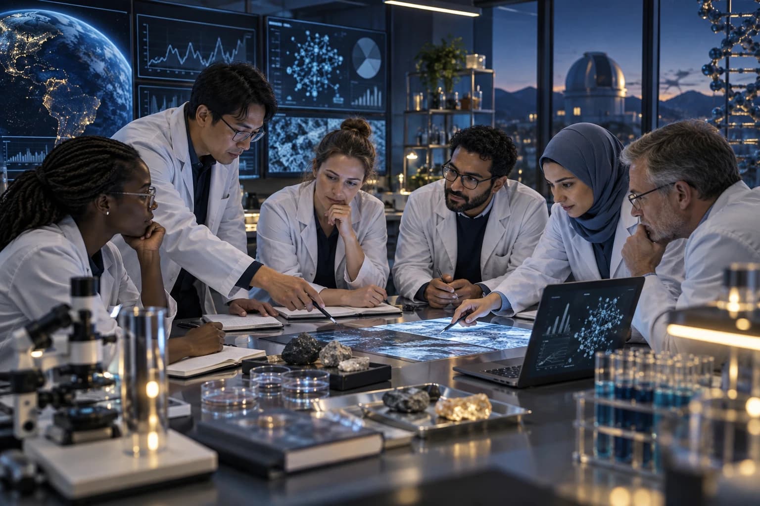 AI-generated illustration of a research team discussing scientific work around a laboratory table.